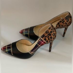 Jessica Simpson 3” tartan and leopard print black heels.